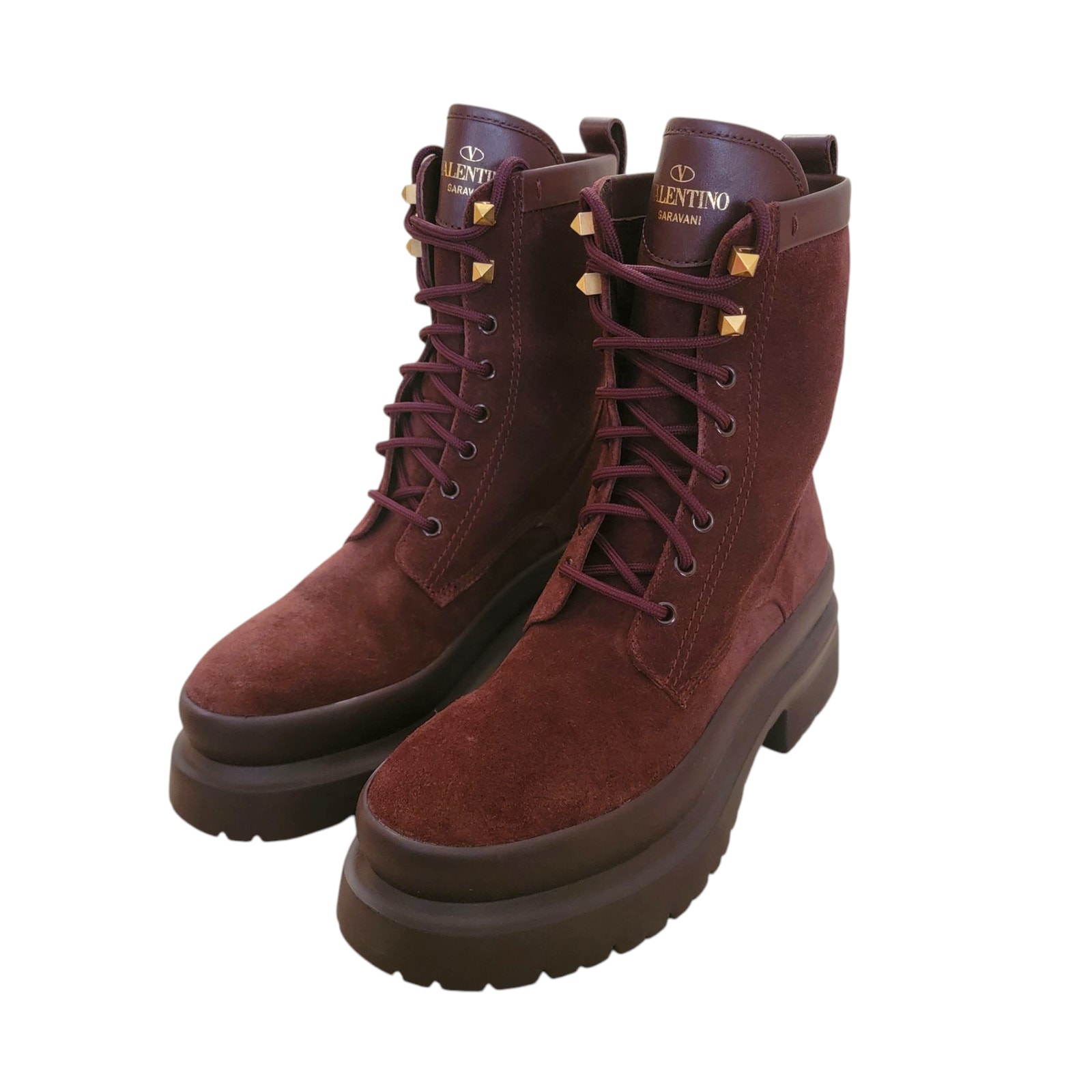 Valentino Rockstud Ankle Platform Combat Boots Suede Burgundy Stud It 39 / Us 9